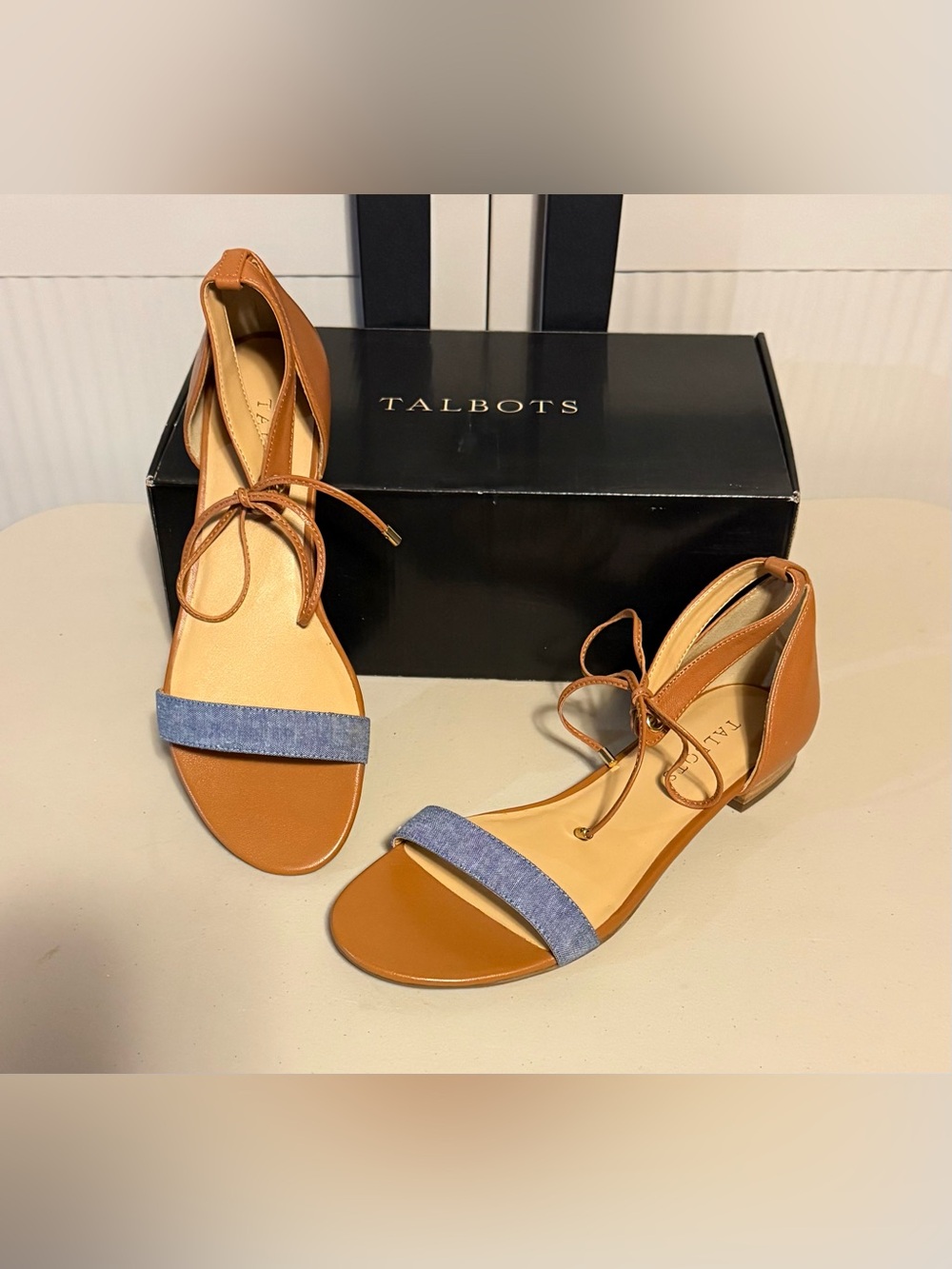 Talbots “Sailor Tie” Two-Tone Ankle-Tie Sandals in Tan/Denim Blue - Adorable!
